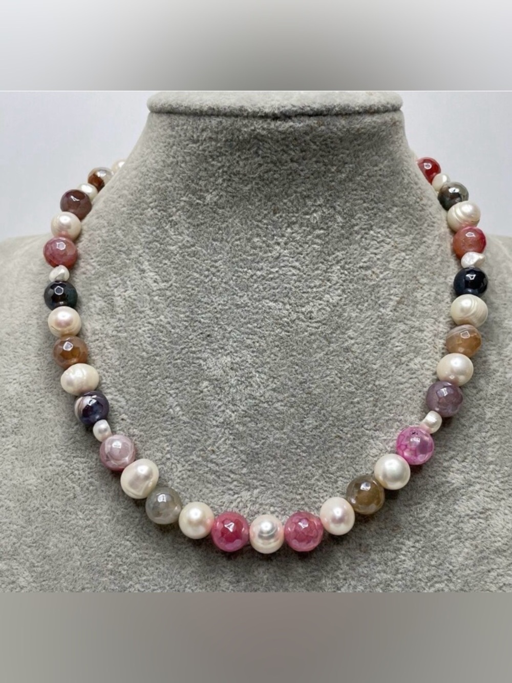 Stunning Freshwater Pearl Colorful Agate Gemstone Beaded Necklace Fun Fresh